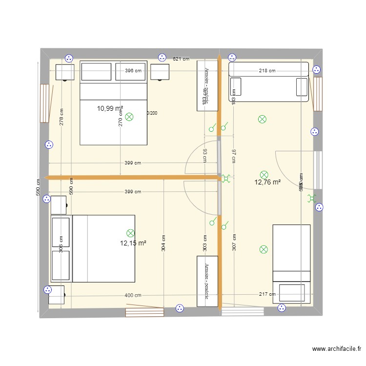 petite maison P-60 ELECTRICITE. Plan de 3 pièces et 36 m2