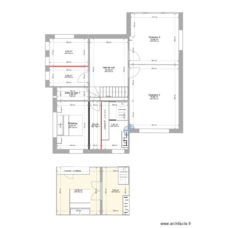 Etage. Plan de 11 pièces et 101 m2