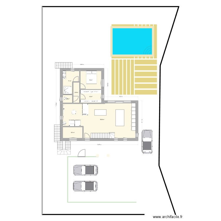 15-10 en L cuisine à droite. Plan de 15 pièces et 274 m2