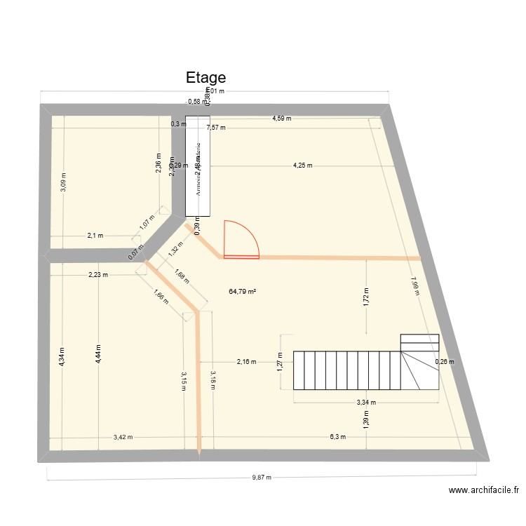 TOULOUGES 1er étage. Plan de 1 pièce et 65 m2