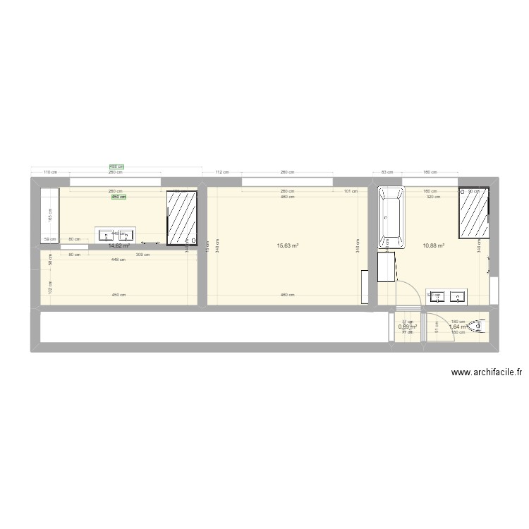 fenetres. Plan de 5 pièces et 43 m2