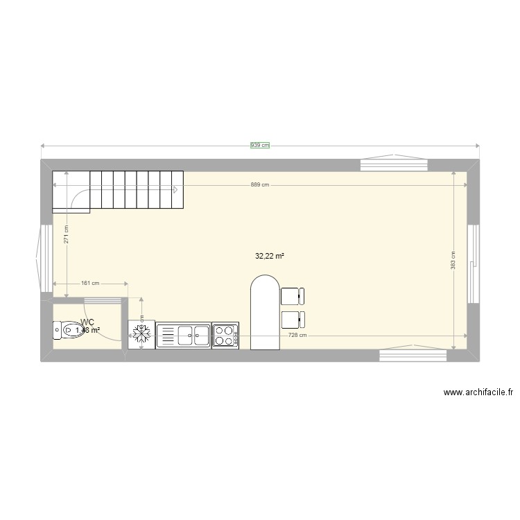 Grange R1. Plan de 2 pièces et 34 m2