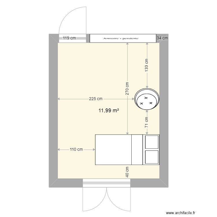 Chambre à coucher. Plan de 1 pièce et 12 m2