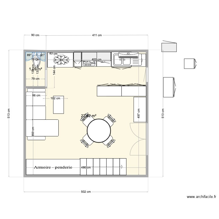 EDEN 7 Cuisine Evier egoutoir. Plan de 2 pièces et 24 m2