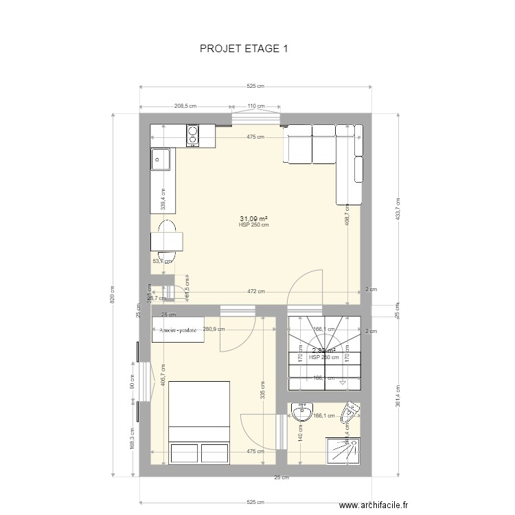 PROJET ETAGE 1. Plan de 2 pièces et 34 m2