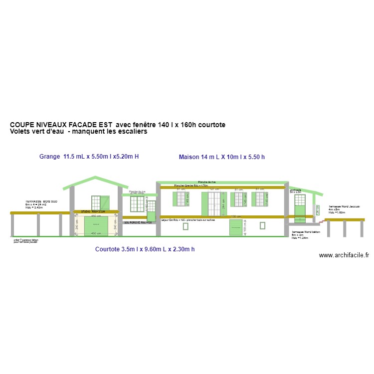 COUPE NIVEAUX FACADE EST SOLS & TERRASSES. Plan de 1 pièce et 11 m2