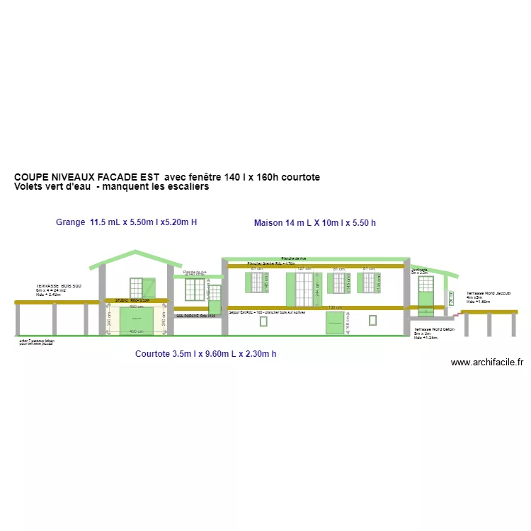 COUPE NIVEAUX FACADE EST SOLS & TERRASSES. Plan de 