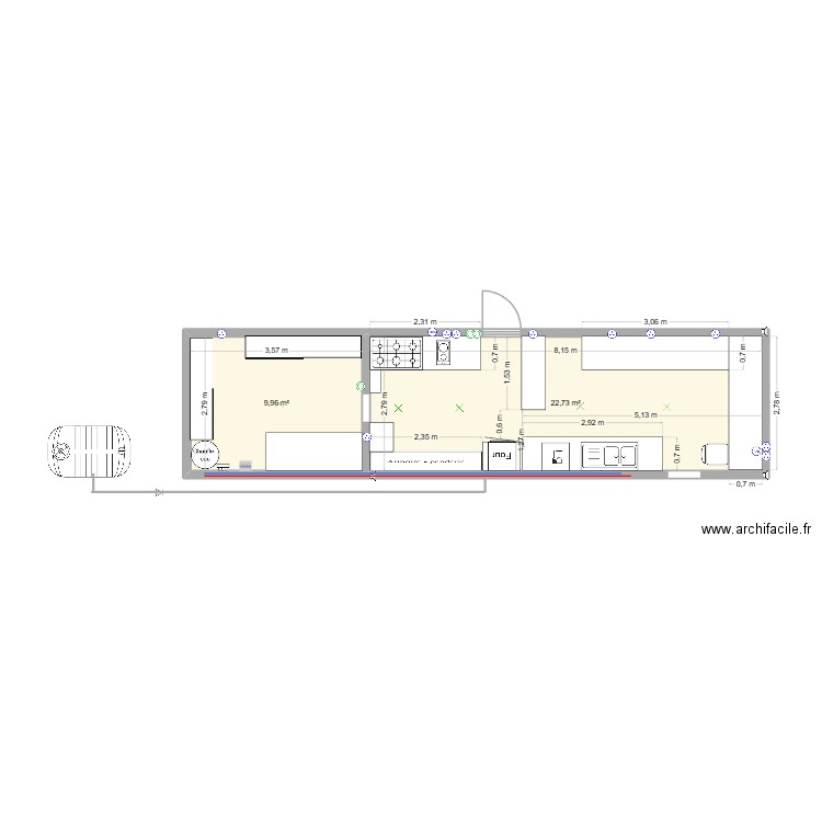 guinguette du lac. Plan de 2 pièces et 33 m2