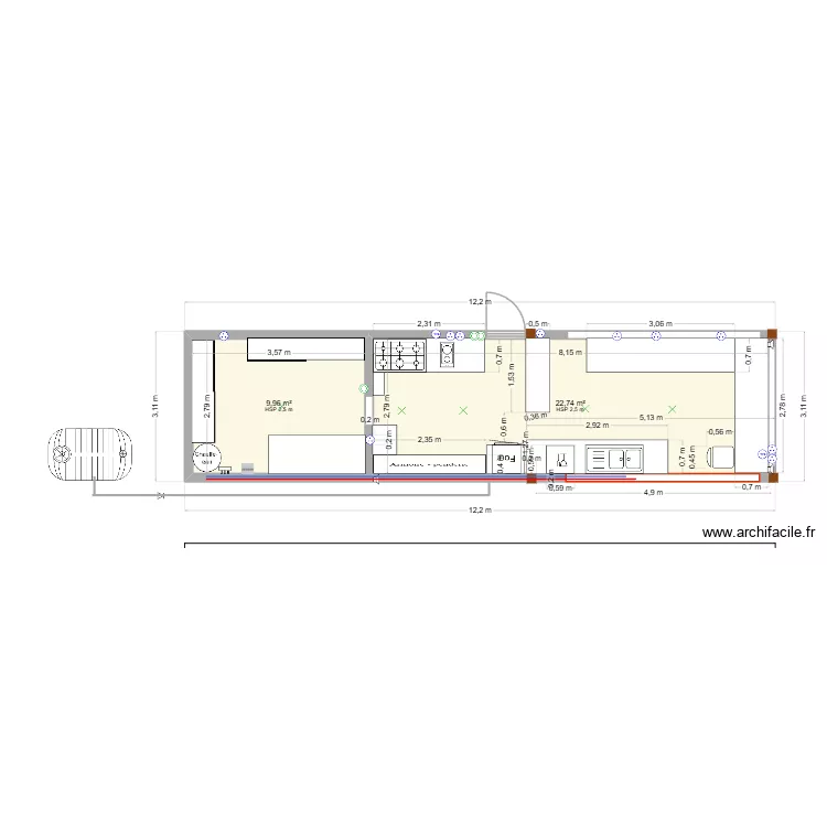 guinguette du lac. Plan de 2 pièces et 33 m²