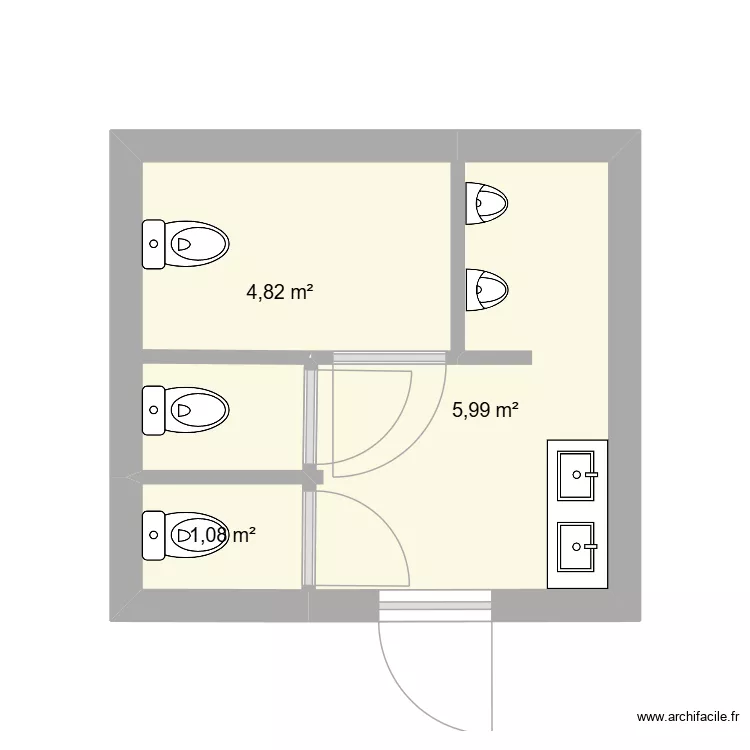 wc cantine. Plan de 3  et 12 m²