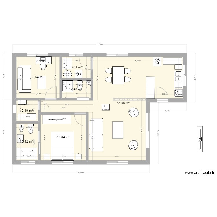 Maison Riv. Plan de 7 pièces et 68 m2