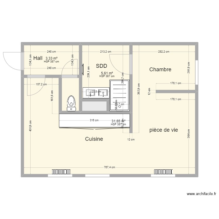 1er étage app fond. Plan de 5 pièces et 42 m2