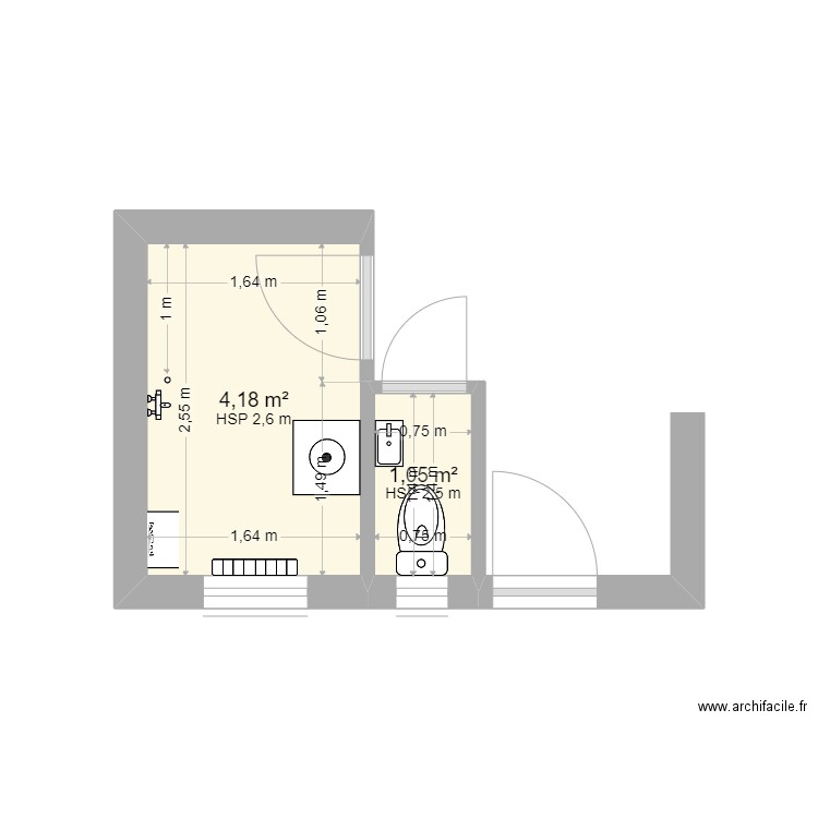 BEKA SDB  situation avant. Plan de 2 pièces et 5 m2