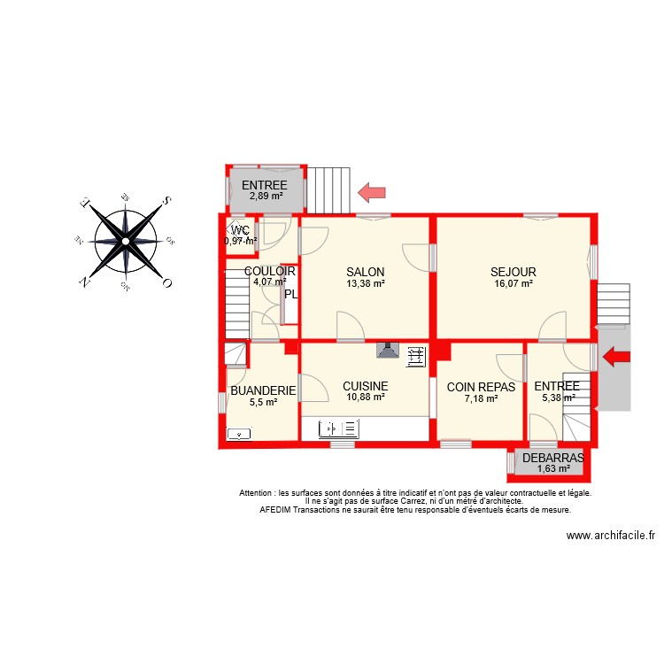 BI 8448 RDC. Plan de 16 pièces et 72 m2