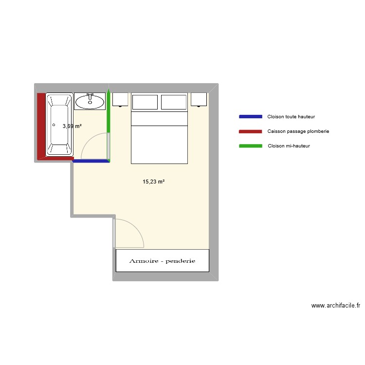 Plan SDB Maison Etage. Plan de 2 pièces et 19 m2