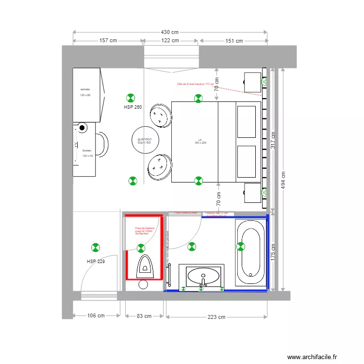 CHAMBRE 19  exemple carrelage fa&iuml;ence. Plan de 