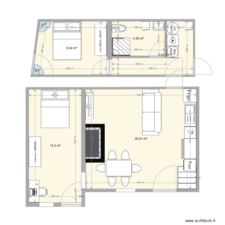 miason reno mur isolation RDC. Plan de 5 pièces et 60 m2