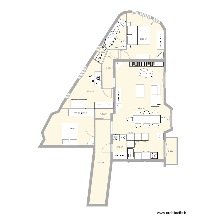 tolbiac 13eme avant après aménagé 2bis. Plan de 0 pièce et 0 m2