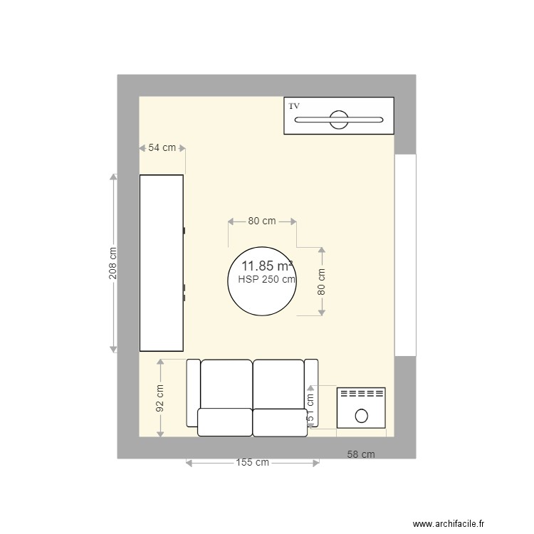 Salon belle maman. Plan de 1 pièce et 12 m2