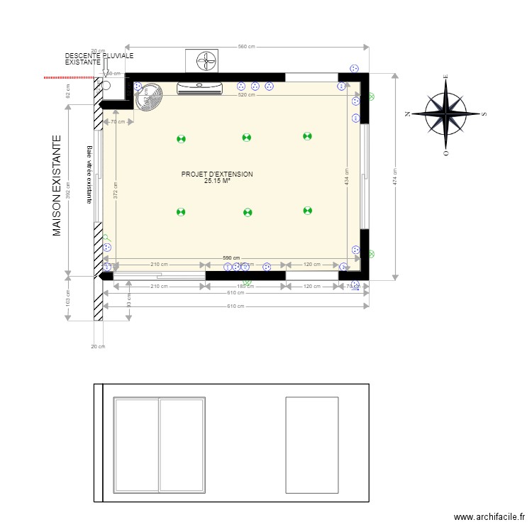 Vue en plan extension salon et façade EST. Plan de 0 pièce et 0 m2