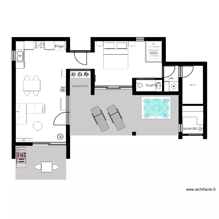 Chalet avec passerelle cuisine modifi&eacute;e. Plan de 5  et 55 m²