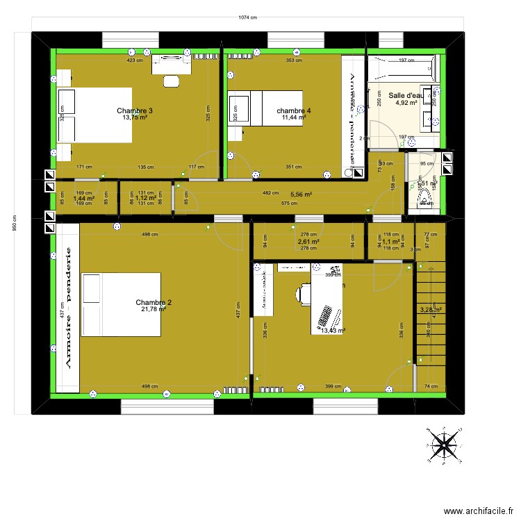 1er étage. Plan de 12 pièces et 82 m2