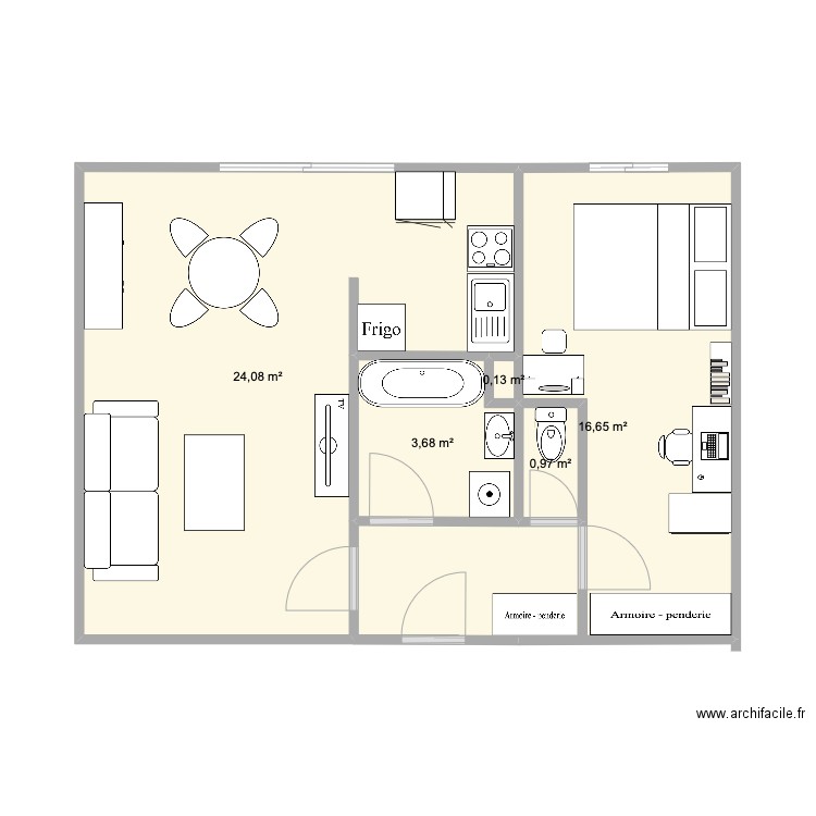 T2 Barbara wc . Plan de 5 pièces et 46 m2