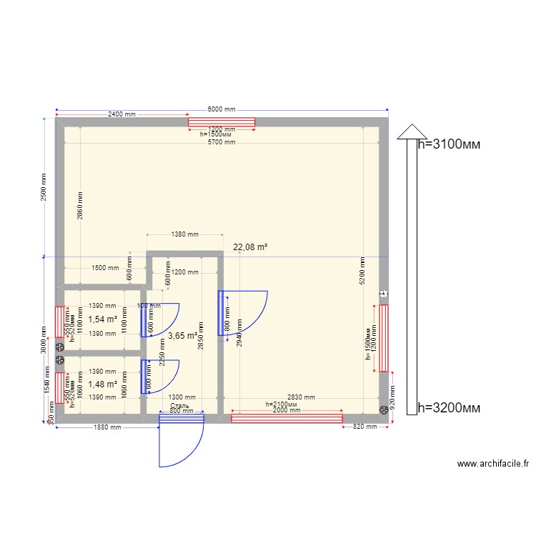 Псков 3 Каркас. Plan de 4 pièces et 29 m2