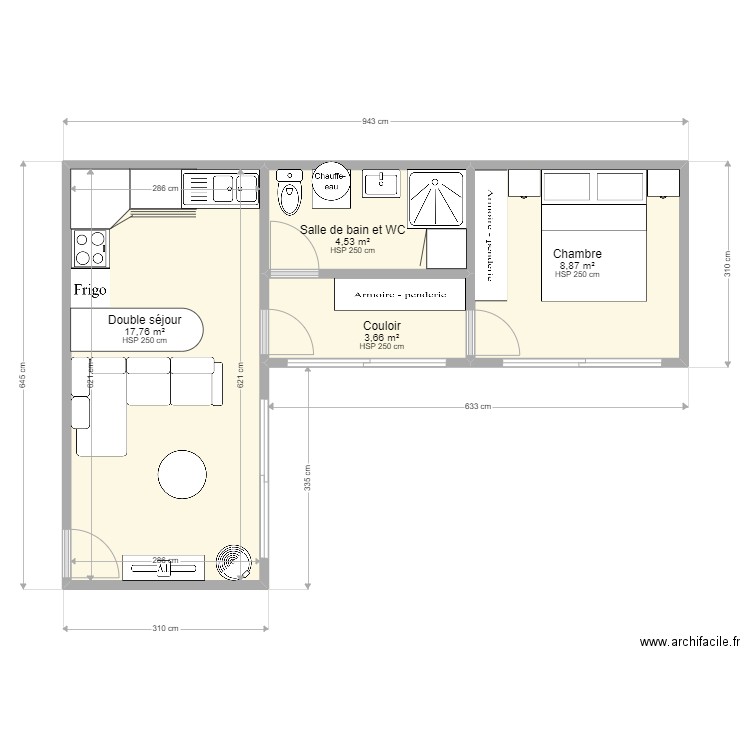 greenKub indépendant en L. Plan de 4 pièces et 35 m2