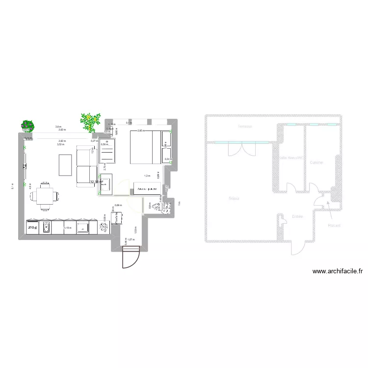 Appt JF Antibes am&eacute;nag&eacute; Valid&eacute; - Travaux. Plan de 1  et 32 m²