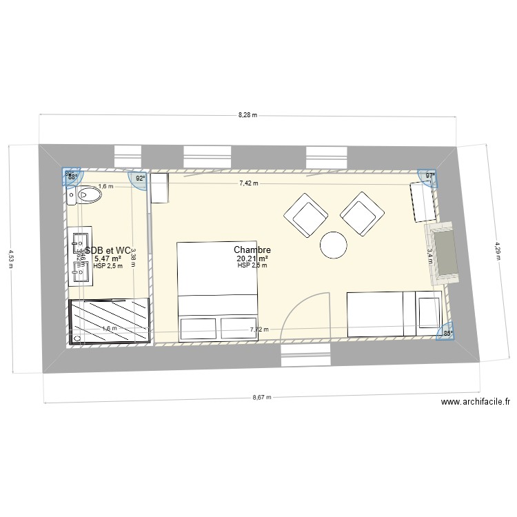 MAISONNETTE. Plan de 2 pièces et 32 m2