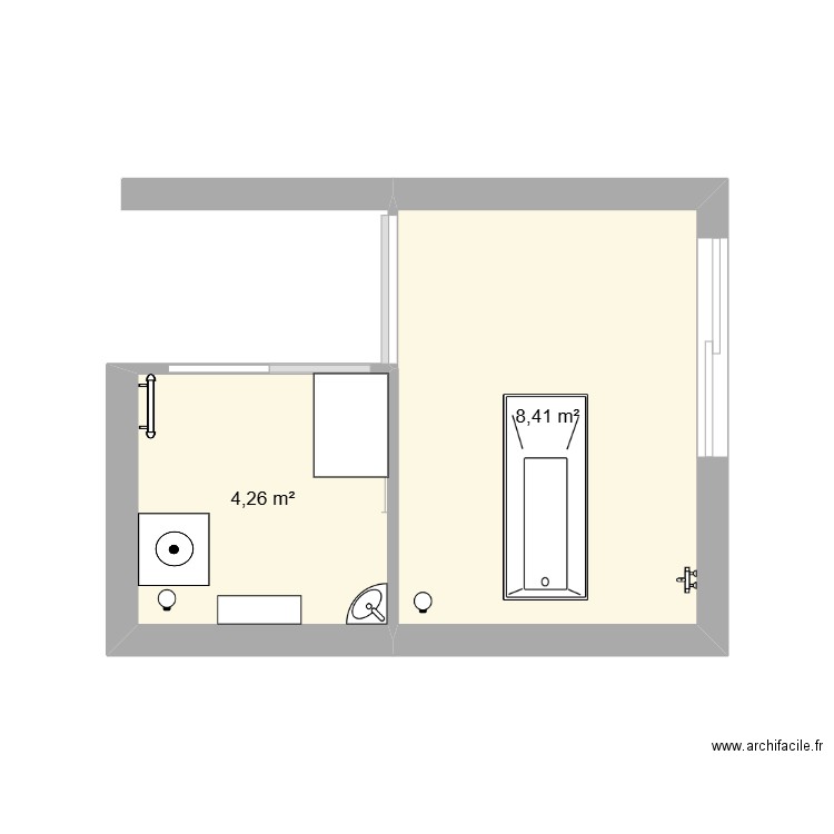 sdb commune/lave bassin. Plan de 2 pièces et 13 m2