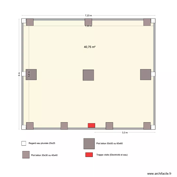 Local chasse plan fondation. Plan de 1  et 41 m²