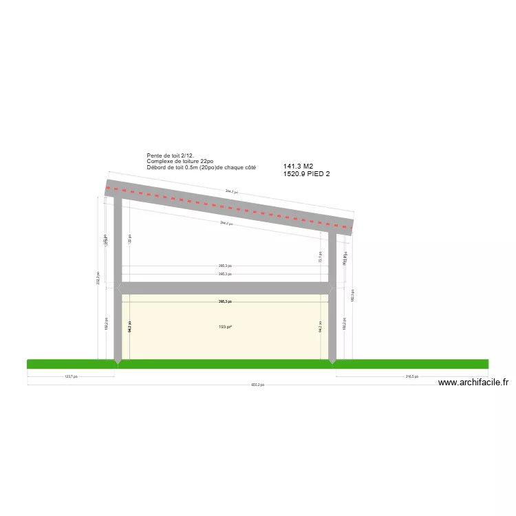 vue de coupe maison 8x14.70. Plan de 1  et 18 m²