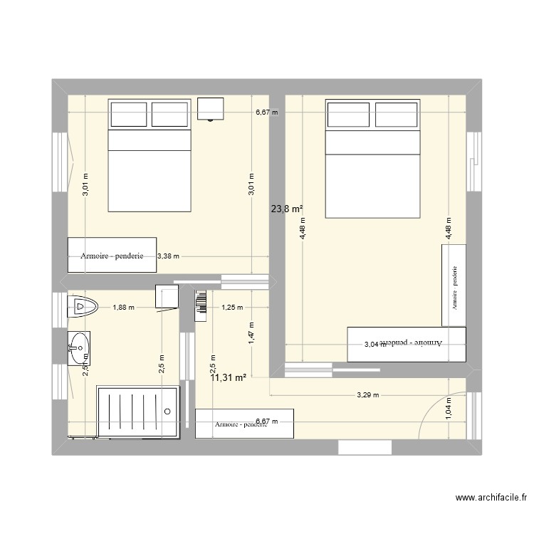 extension. Plan de 2 pièces et 35 m2
