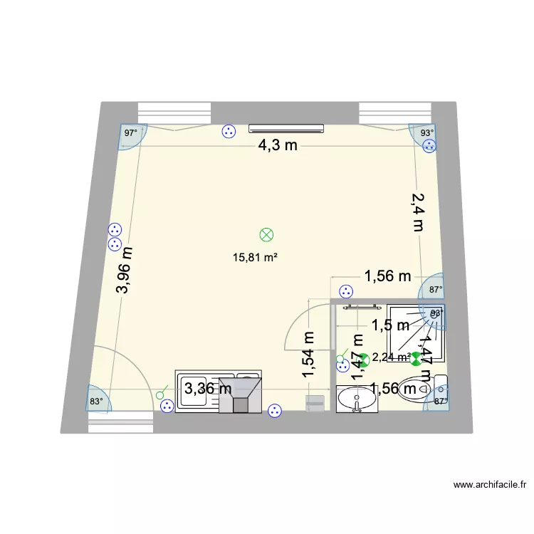 Studio 3. Plan de 2  et 18 m²