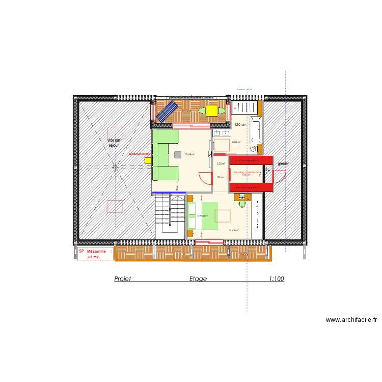 étage béné. Plan de 5 pièces et 46 m2