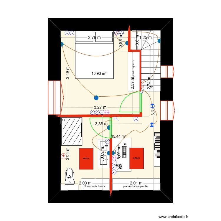 Plan R+1 SCI des champs - électricité. Plan de 2 pièces et 26 m2