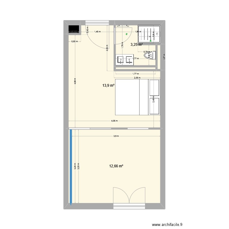 Priouré (WC intégé à SdB). Plan de 7 pièces et 31 m2