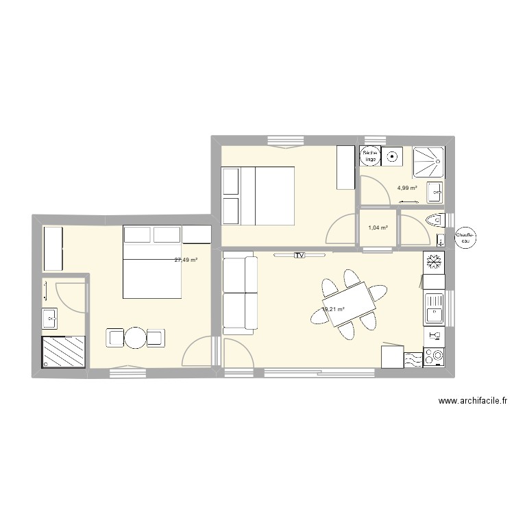 mouries. Plan de 4 pièces et 53 m2