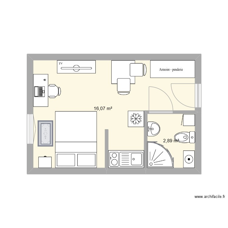 Studio. Plan de 2 pièces et 19 m2