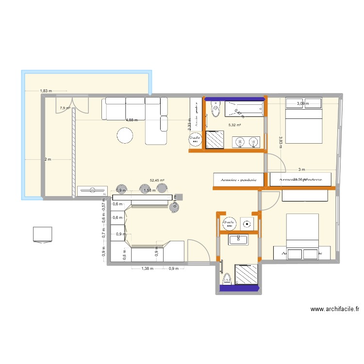 CANNES  2 - Première approche. Plan de 4 pièces et 87 m2