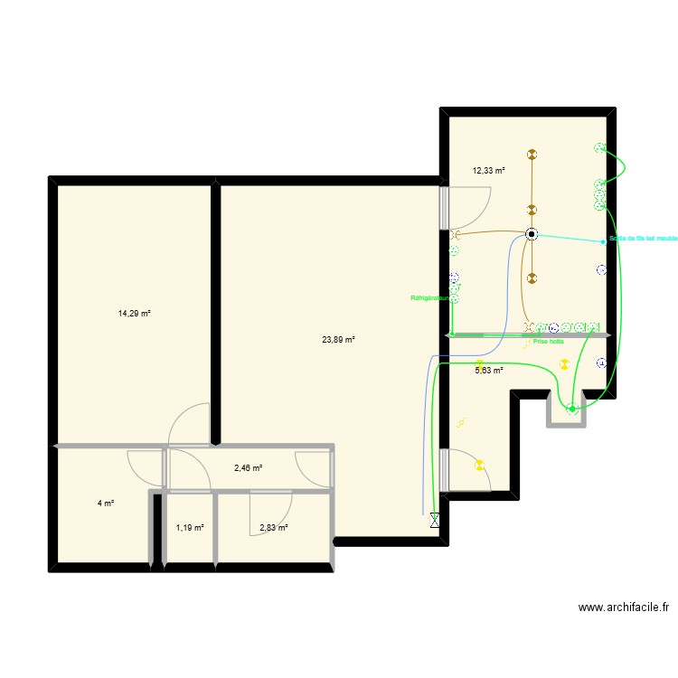 ELECTRICITE_IMPLANTATION. Plan de 9 pièces et 67 m2