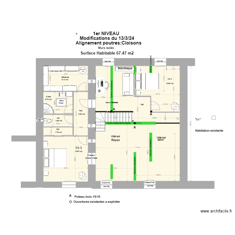 1er Niveau avec agrandissement latéra 13/03/24'. Plan de 5 pièces et 106 m2