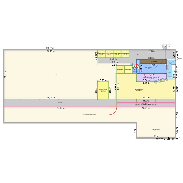 Bâtiment de la Chèvrerie de deux'main. Plan de 26 pièces et 874 m2