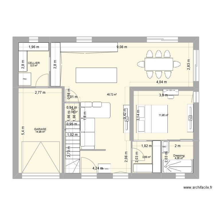 Plan maison 12x9. Plan de 7 pièces et 88 m2