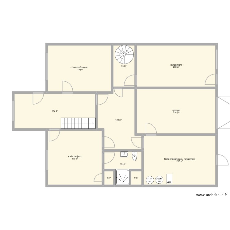 CSC sOUS-SOL. Plan de 11 pièces et 131 m2