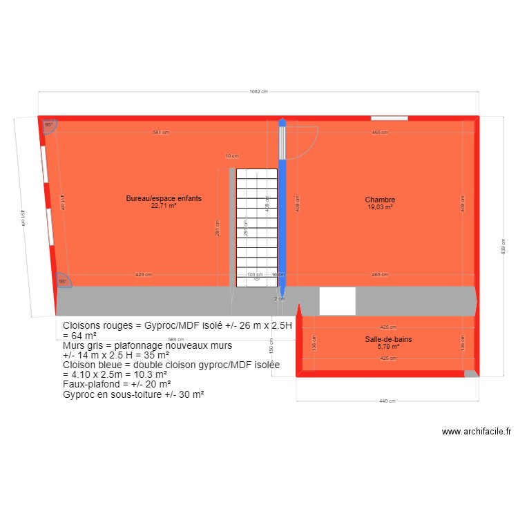 Etage 2 maison plafonnage/gyproc. Plan de 3 pièces et 48 m2