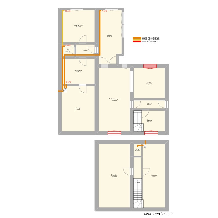 secundo. Plan de 14 pièces et 170 m2