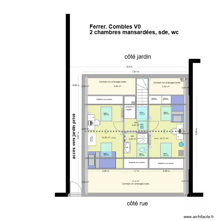 Ferrer, Combles, 2ch, sde, V0. Plan de 14  et 54 m²